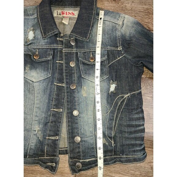 1st Kiss Distressed Stretch Denim Lace Skull Rockabilly Jean Jacket Juniors M - Picture 8 of 8